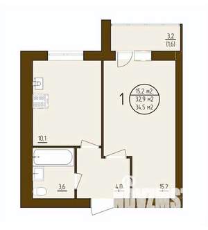 1-к квартира, строящийся дом, 35м2, 2/9 этаж