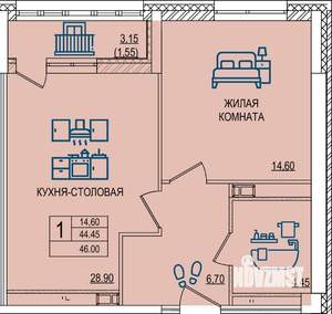1-к квартира, строящийся дом, 46м2, 8/10 этаж