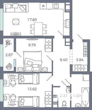 2-к квартира, вторичка, 61м2, 7/17 этаж
