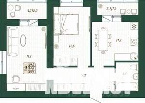2-к квартира, строящийся дом, 55м2, 6/16 этаж