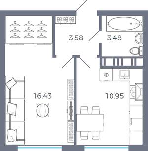 1-к квартира, вторичка, 34м2, 3/17 этаж