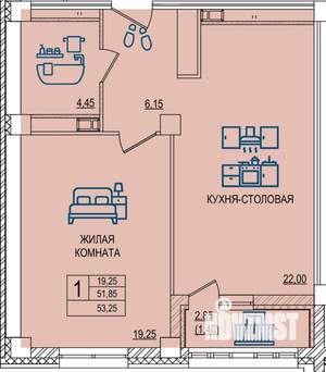 1-к квартира, строящийся дом, 53м2, 9/12 этаж