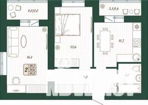 2-к квартира, строящийся дом, 55м2, 11/16 этаж