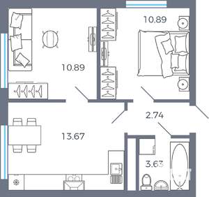 2-к квартира, вторичка, 42м2, 9/17 этаж