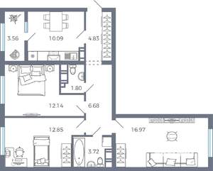 3-к квартира, вторичка, 73м2, 4/17 этаж