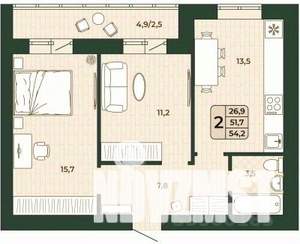 2-к квартира, строящийся дом, 52м2, 5/9 этаж