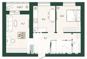 2-к квартира, строящийся дом, 60м2, 2/16 этаж