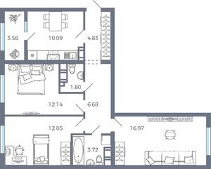 3-к квартира, вторичка, 73м2, 3/17 этаж