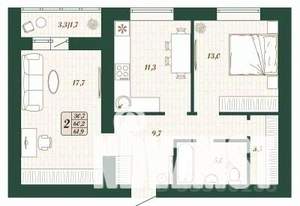 2-к квартира, строящийся дом, 60м2, 10/16 этаж