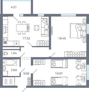 2-к квартира, вторичка, 71м2, 12/16 этаж