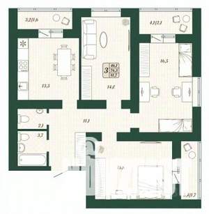 3-к квартира, строящийся дом, 76м2, 16/16 этаж