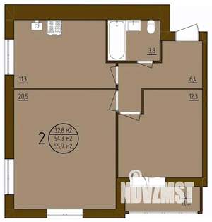 2-к квартира, строящийся дом, 56м2, 2/9 этаж
