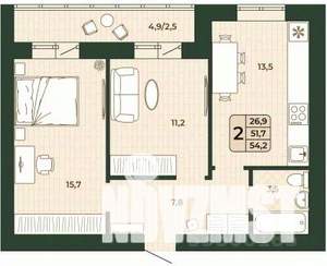 2-к квартира, строящийся дом, 52м2, 5/9 этаж