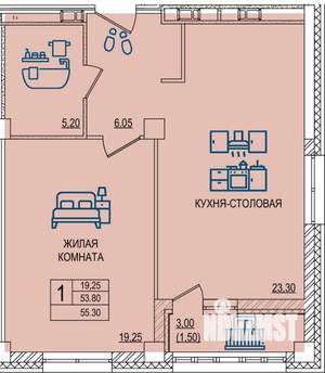 1-к квартира, строящийся дом, 55м2, 10/12 этаж