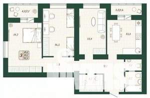3-к квартира, строящийся дом, 89м2, 7/16 этаж