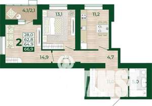 2-к квартира, строящийся дом, 63м2, 1/16 этаж