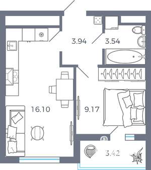 1-к квартира, вторичка, 34м2, 2/9 этаж