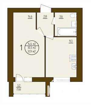 1-к квартира, строящийся дом, 32м2, 2/9 этаж