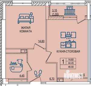 1-к квартира, строящийся дом, 46м2, 10/10 этаж