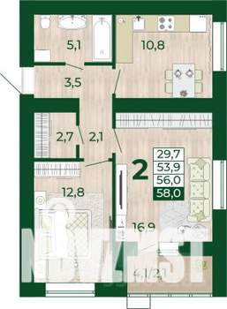 2-к квартира, строящийся дом, 54м2, 7/16 этаж