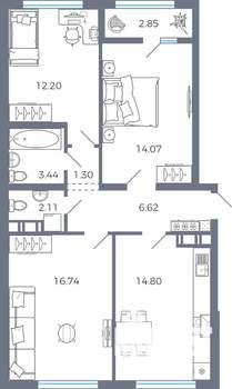 3-к квартира, вторичка, 74м2, 7/17 этаж