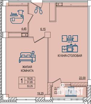 1-к квартира, строящийся дом, 53м2, 9/10 этаж