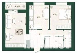 2-к квартира, строящийся дом, 60м2, 14/16 этаж