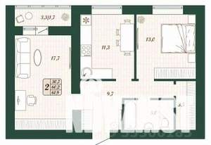 2-к квартира, строящийся дом, 60м2, 4/16 этаж