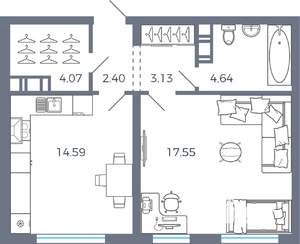 1-к квартира, вторичка, 46м2, 1/17 этаж
