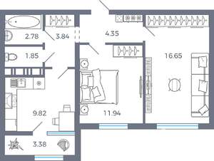 2-к квартира, вторичка, 55м2, 4/17 этаж