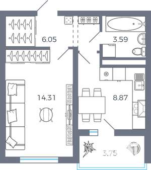 1-к квартира, вторичка, 35м2, 5/9 этаж